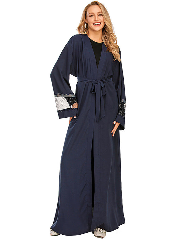 Muslim Cardigan for Women with Mesh Stitching and Hot Drilling
